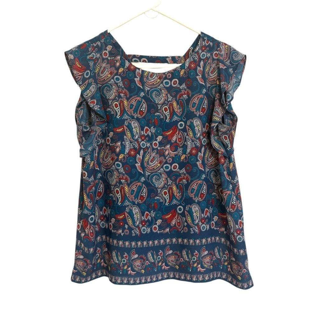 LOFT Teal Paisley Ruffle Sleeve Top